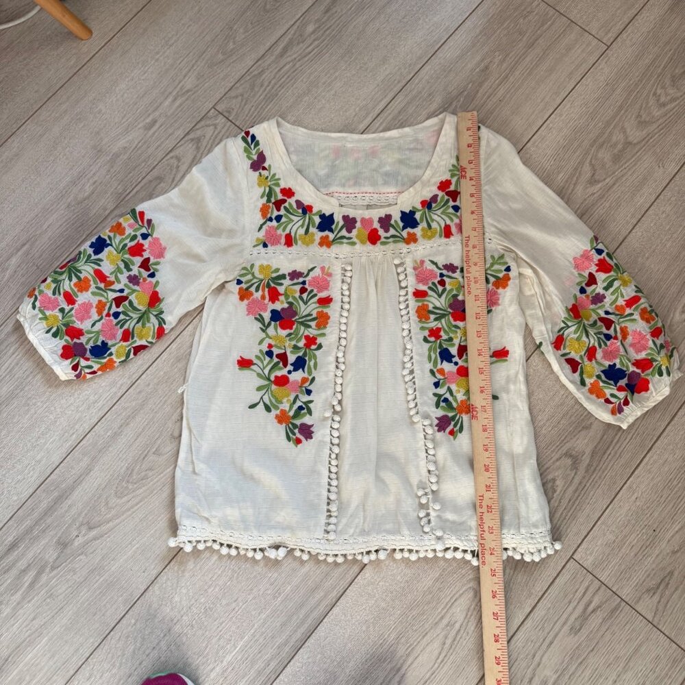 Vanessa Virginia Anthropologie Women's Peasant Blouse Embroidered Pom Pom Boho - Picture 11 of 12